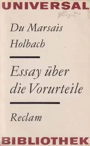 Buch: Essay über die Vorurteile, Du Marsais / d' Holbach. 1972, Reclam, RUB