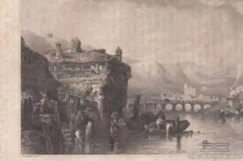 Irun und die Brücke über die Bidassoa. aus Meyers Universum, Stahlstich. 1850