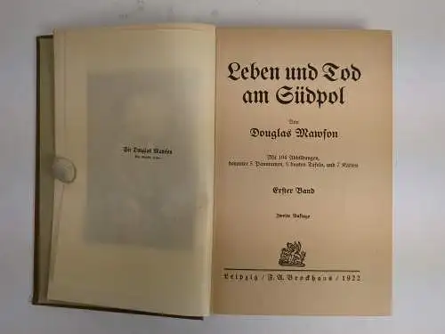 Buch: Leben und Tod am Südpol 1+2, Mawson, Douglas. 2 Bände, 1922, Brockhaus