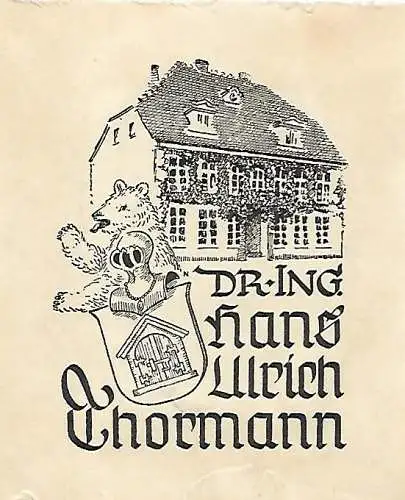 Original Druck Exlibris: Dr. Ing. Hans Ulrich Thormann, Bär, Wappen, gut