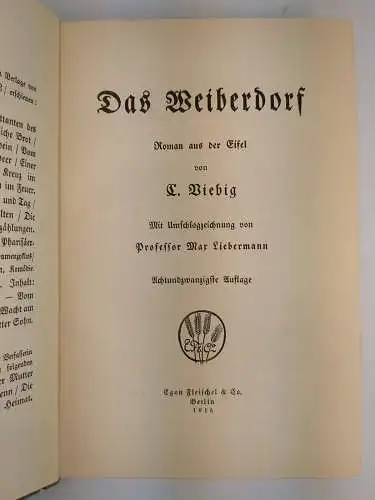 Buch: Das Weiberdorf, Roman aus der Eifel, Clara Viebig, 1915, Egon Fleischel