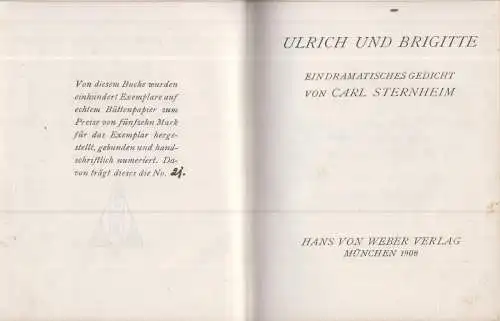 Buch: Ulrich und Brigitte. Sternheim, Carl, 1908, Hans von Weber Verlag