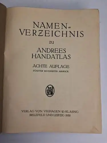 Buch: Namensverzeichnis zu Andrees Handatlas, 1930, Velhagen & Klasing