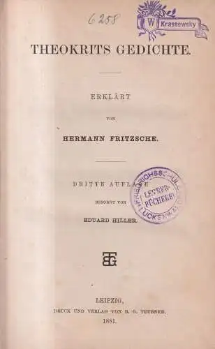 Buch: Theokrits Gedichte erklärt von Hermann Fritzsche, 1881, B. G. Teubner