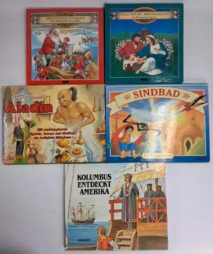 5 Kinderbücher Pop-up: Sindbad; Aladin; Kolumbus entdeckt Amerika; Weihnachten