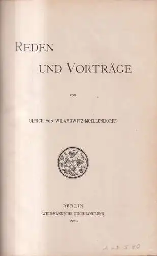 Buch: Reden und Aufsätze, Ulrich von Wilamowitz-Moellendorff, 1901, Weidmannsche