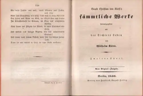 Buch: Ewald Christian von Kleist's Sämmtliche Werke, 1840, Herbig, 2 in 1 Bände