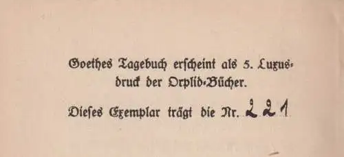 Buch: Das Tagebuch, Johann Wolfgang Goethe, 1919, Juncker, Orplid-Bücher