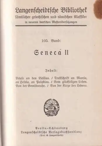 Buch: Seneca I+II - Ausgewählte Schriften, Langenscheidtsche Bibliothek, 2 Bände