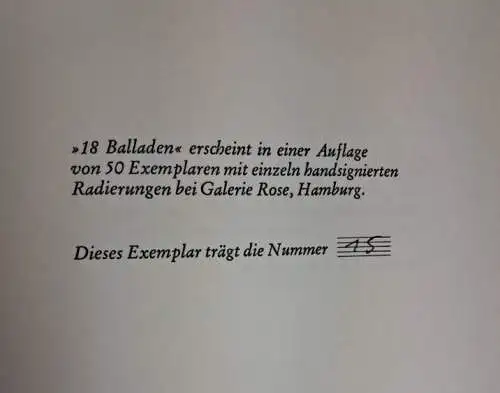 Buch: 18 Balladen, Jan Huber, 1997, Galerie Rose, mit signierten Radierungen