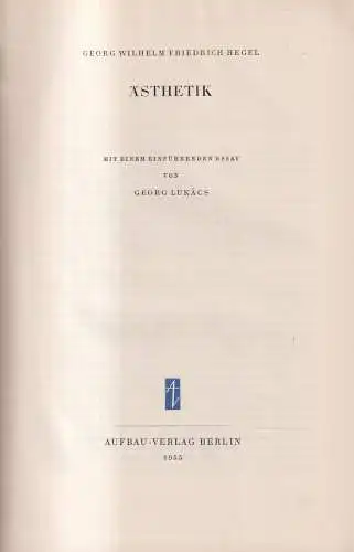 Buch: Ästhetik, Georg Wilhelm Hegel, Aufbau Verlag, 1955, Exlibris Hans Schulze