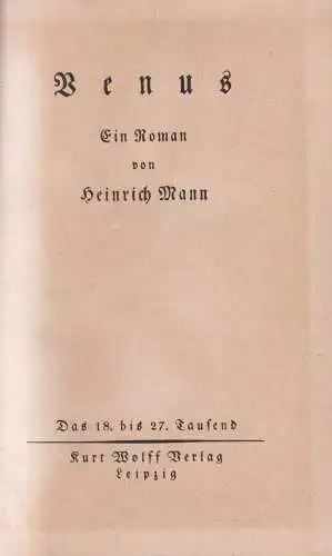 Buch: Venus, Ein Roman, Heinrich Mann, Kurt Wolff Verlag, gebraucht, gut