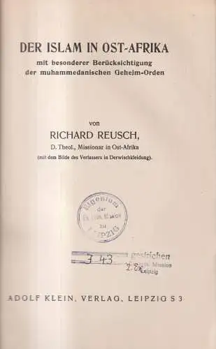 Buch: Der Islam in Ost-Afrika, Richard Reusch, ca. 1930, Adolf Klein Verlag