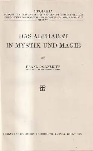 Buch: Das Alphabet in Mystik und Magie, Dornseiff, Franz. 1922, B. G. Teubner