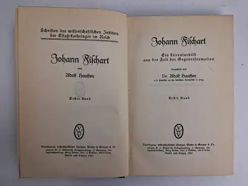 Buch: Johann Fischart, Adolf Hauffen, 1921, Walter de Gruyter, Bände, Lebensbild