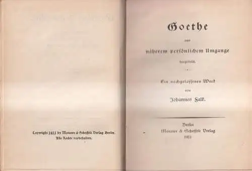 Buch: Goethe aus näherem persönlichen Umgange dargestellt. Johannes Falk, 1911