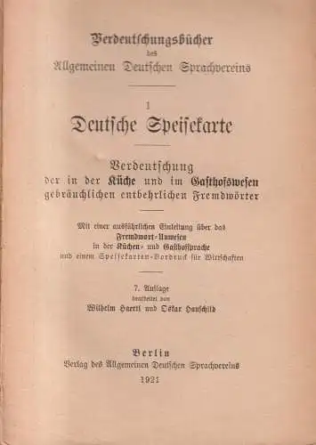 Buch: Deutsche Speisekarte, Haertl / Hauschild, 1921,  Deutscher Sprachverein