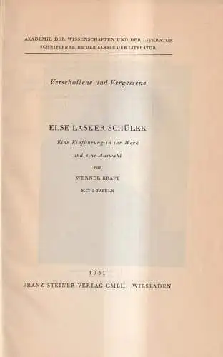 Buch: Else Lasker-Schüler, Verschollene und Vergessene, 1951, Kraft, Steiner