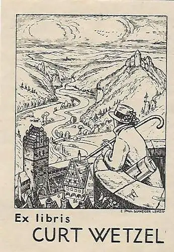 Original Druck Exlibris: Curt Wetzel, Wanderer, Burg, gebraucht, gut