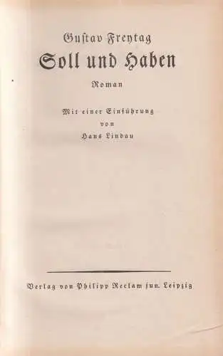 Buch: Soll und Haben. 1. und 2. Buch, Freytag, Gustav, o. J., Philipp Reclam jun