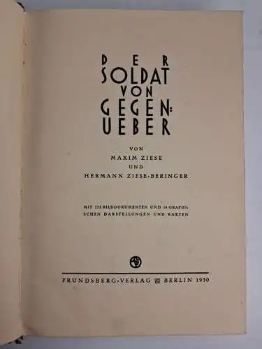 Buch: Der Soldat von gegenüber, Ziese / Ziese-Beringer, 1930, Frundsberg Verlag