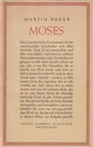 Buch: Moses, Buber, Martin, 1966, Verlag Lambert Schneider, gebraucht, sehr gut