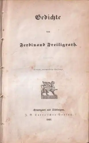 Buch: Gedichte, Ferdinand Freiligrath, 1841, J. G. Cotta'scher Verlag