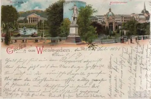 AK Gruss aus Wiesbaden. Kochbrunnen. Kurhaus. Litho ca. 1899, Postkarte