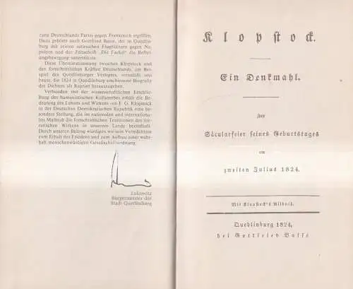 Buch: Klopstock - Ein Denkmahl, 1989, Reprint der Ausgabe 1824, Quedlinburg