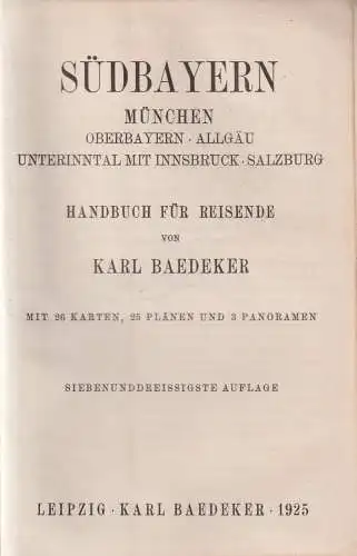 Buch: Südbayern, München, Oberbayern, Allgäu, Unterinntal ... Baedeker, 1925