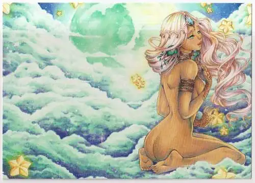 AK Naked Girl in the Clouds, Fräulein W., klonschaf-wolli, Illustration, Karte