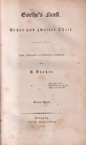 Buch: Faust, Erster und zweiter Theil, Goethe, 1850/1851, Dyksche Buchhandlung