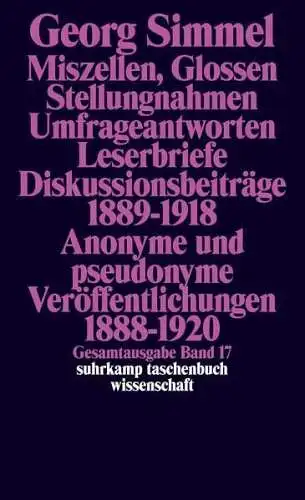 Buch: Georg Simmel - Gesamtausgabe Band 17, Miszellen, Glossen ... Suhrkamp