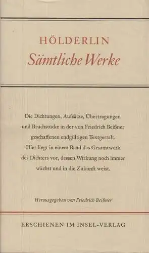 Buch: Sämtliche Werke, Hölderlin, Friedrich. 1961, Insel-Verlag, gebraucht, gut