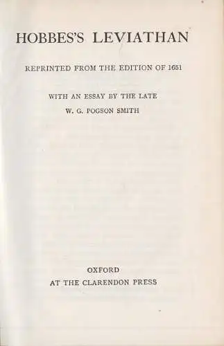 Buch: Leviathan, Thomas Hobbes, 1958, Clarendon Press, Oxford, englischsprachig