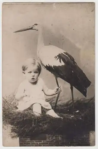 AK Kind mit Storch, "Mein Vater ca. 1899-1900", Fotopostkarte, ungelaufen