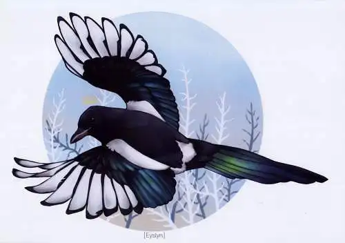 Kunstdruck: Artprint Magpie / Fliegende Elster, Eyslyn, Illustration, Manga Art