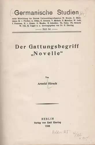 Buch: Der Gattungsbegriff Novelle, Arnold Hirsch, 1928, Emil Ebering Verlag