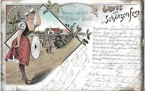 AK Gruss vom Schützenfest, Frau mit Schützenscheibe. Lithografie, gebraucht, gut