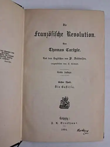 Buch: Die Französische Revolution, Thomas Carlyle. 3 Bände, 1894, F.A. Brockhaus