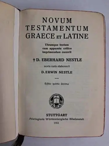 Buch: Novum Testamentum Graece et Latine, Nestle, Eberhard. 1951, gebraucht, gut