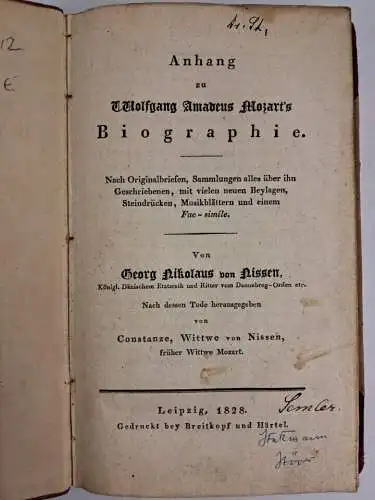 Buch: Anhang zu Wolfgang Amadeus Mozart's Biographie, Nissen, Georg N., 1828