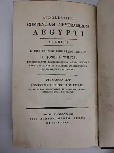 Buch: Abdollatiphi Compendium Memorabilium Aegypti Arabice, White, 1789, Cotta