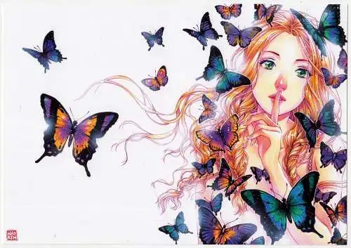 Kunstdruck: Manga Girl with butterflies / Mädchen mit Schmetterlingen, Nao Ren