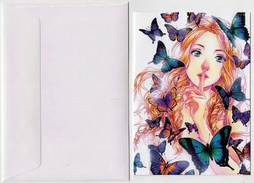 Postkarte: Manga Girl with butterflies / Mädchen mit Schmetterlingen, Nao Ren