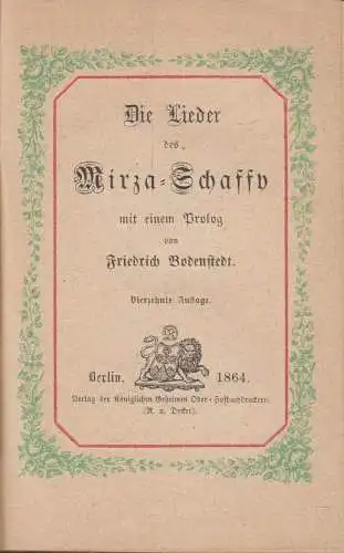 Buch: Die Lieder des Mirza Schaffy, Friedrich von Bodenstedt, 1864, R. v. Decker