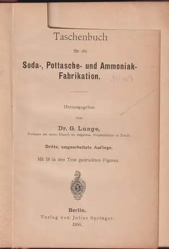 Buch: Taschenbuch für Soda-, Pottasche- und Ammoniak-Fabrikation, Lunge, G. 1900