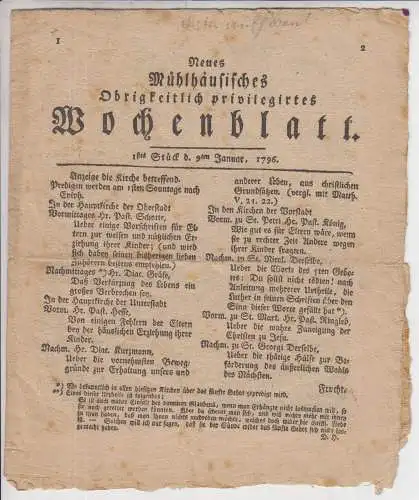 Neues Mühlhäusisches Obrigkeitlich privilegiertes Wochenblatt, 9. Januar 1796