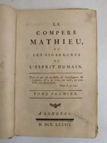 Buch: Le Compere Mathieu,  Dulaurens, Henri-Joseph, 1777, Band 1, gebraucht, gut