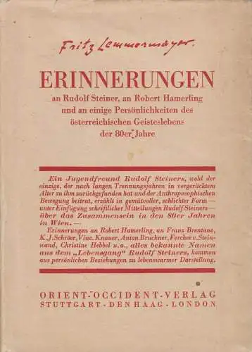 Buch: Erinnerungen, Fritz Lemmermayer, 1929, Orient-Occident-Verlag